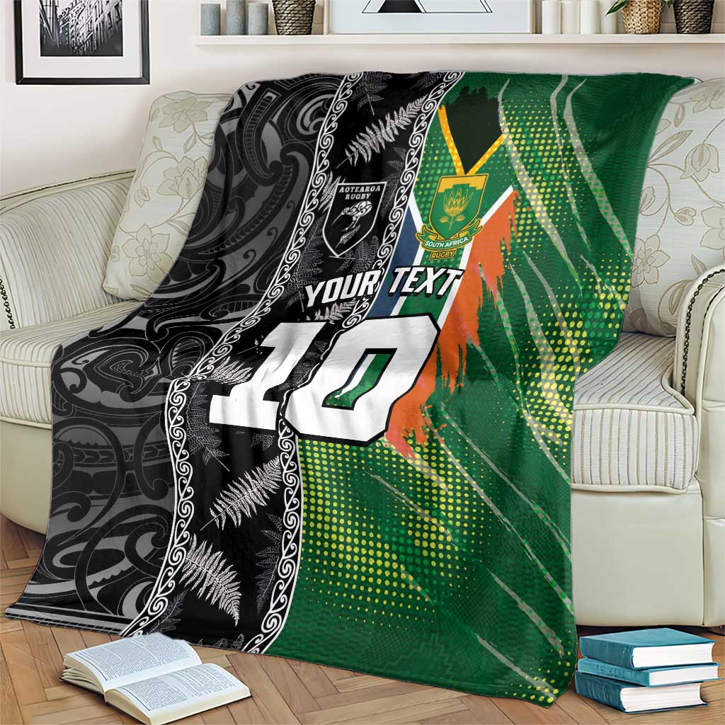 Custom Aotearoa South Africa Rugby Freedom Cup Blanket Maori Silver Fern Art and Sporty Flag SA - Polynesian Pride