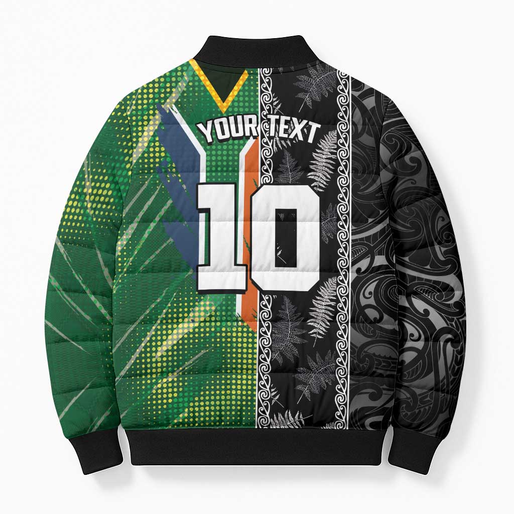 Custom Aotearoa South Africa Rugby Freedom Cup Bomber Puffer Jacket Maori Silver Fern Art and Sporty Flag SA - Polynesian Pride