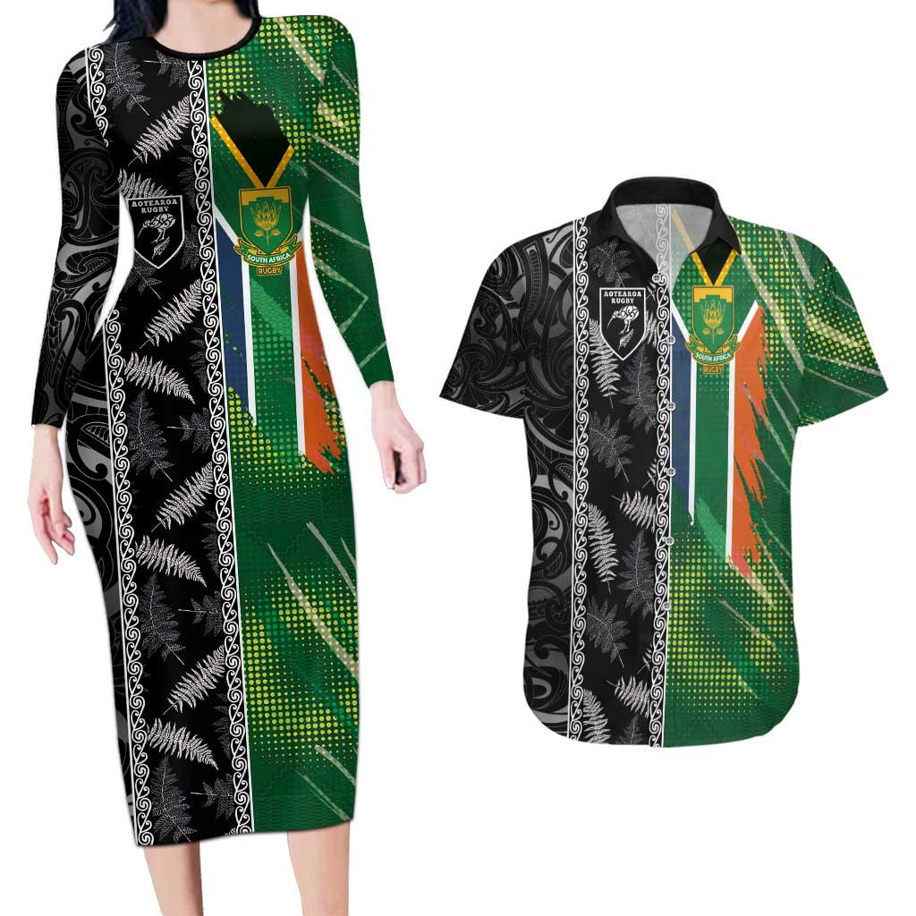 Custom Aotearoa South Africa Rugby Freedom Cup Couples Matching Long Sleeve Bodycon Dress and Hawaiian Shirt Maori Silver Fern Art and Sporty Flag SA - Polynesian Pride
