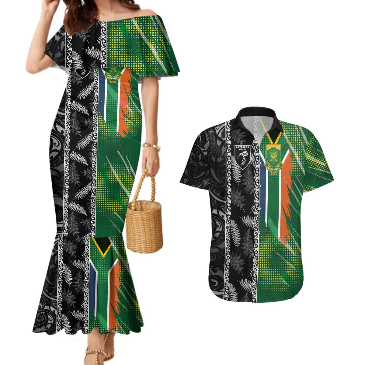 Custom Aotearoa South Africa Rugby Freedom Cup Couples Matching Mermaid Dress and Hawaiian Shirt Maori Silver Fern Art and Sporty Flag SA - Polynesian Pride
