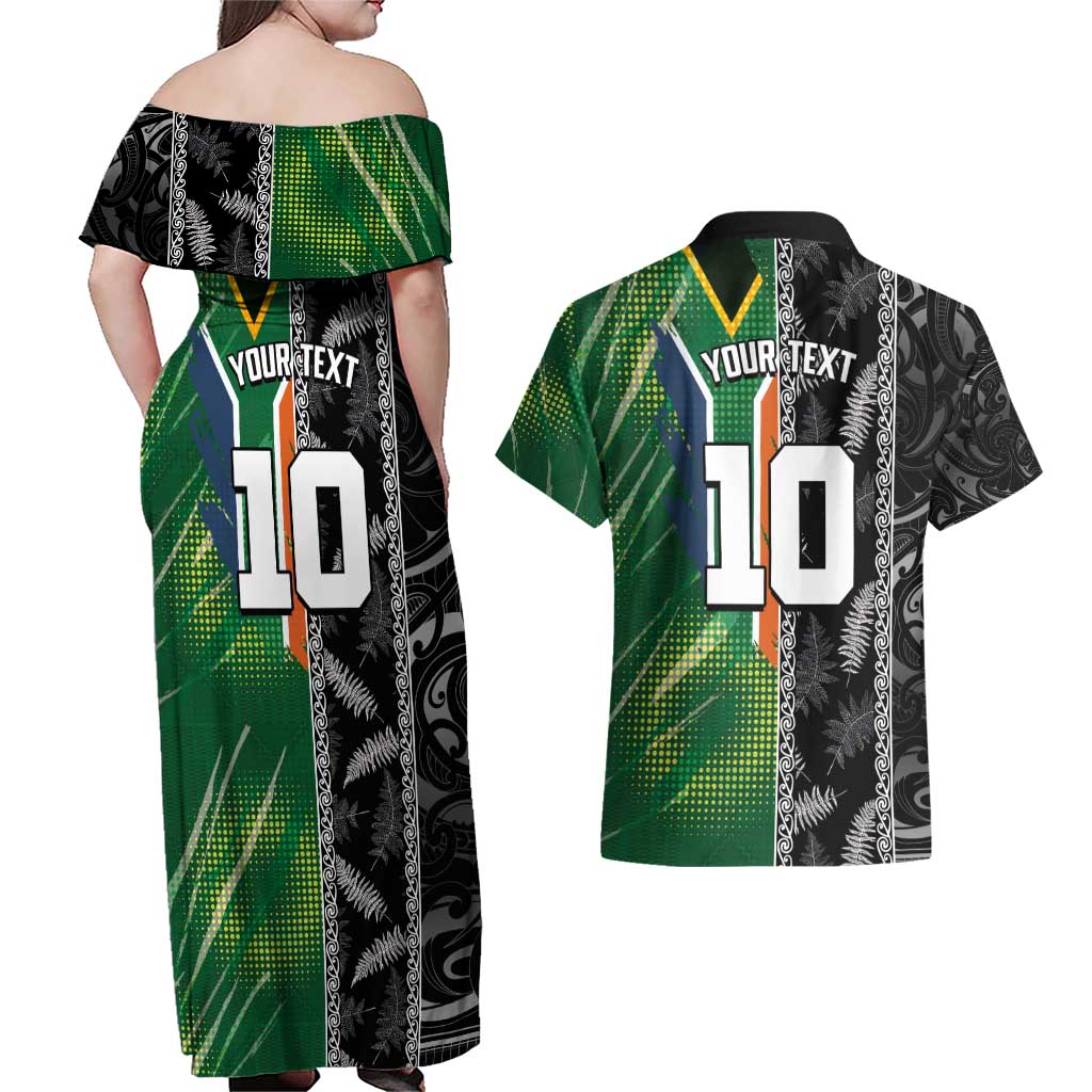 Custom Aotearoa South Africa Rugby Freedom Cup Couples Matching Off Shoulder Maxi Dress and Hawaiian Shirt Maori Silver Fern Art and Sporty Flag SA - Polynesian Pride