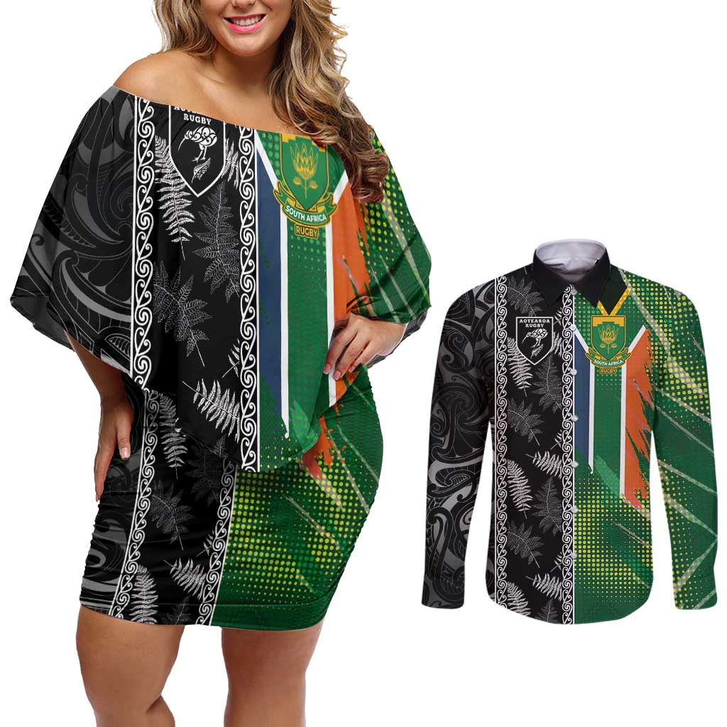 Custom Aotearoa South Africa Rugby Freedom Cup Couples Matching Off Shoulder Short Dress and Long Sleeve Button Shirt Maori Silver Fern Art and Sporty Flag SA - Polynesian Pride