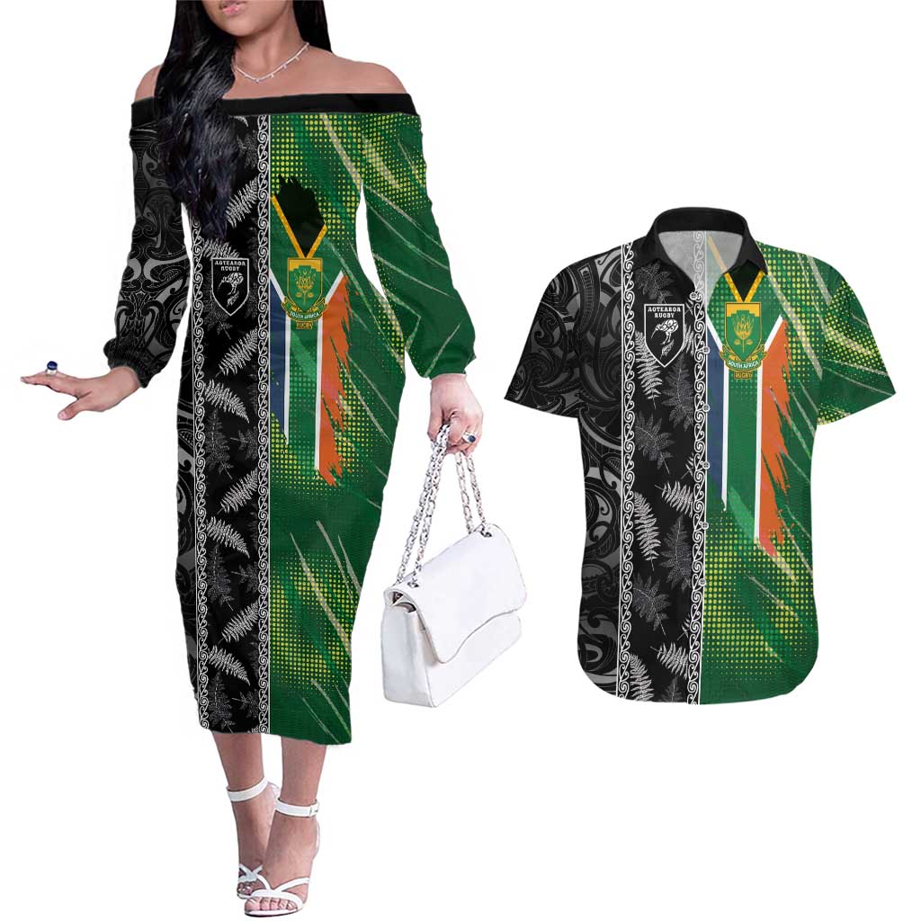 Custom Aotearoa South Africa Rugby Freedom Cup Couples Matching Off The Shoulder Long Sleeve Dress and Hawaiian Shirt Maori Silver Fern Art and Sporty Flag SA - Polynesian Pride