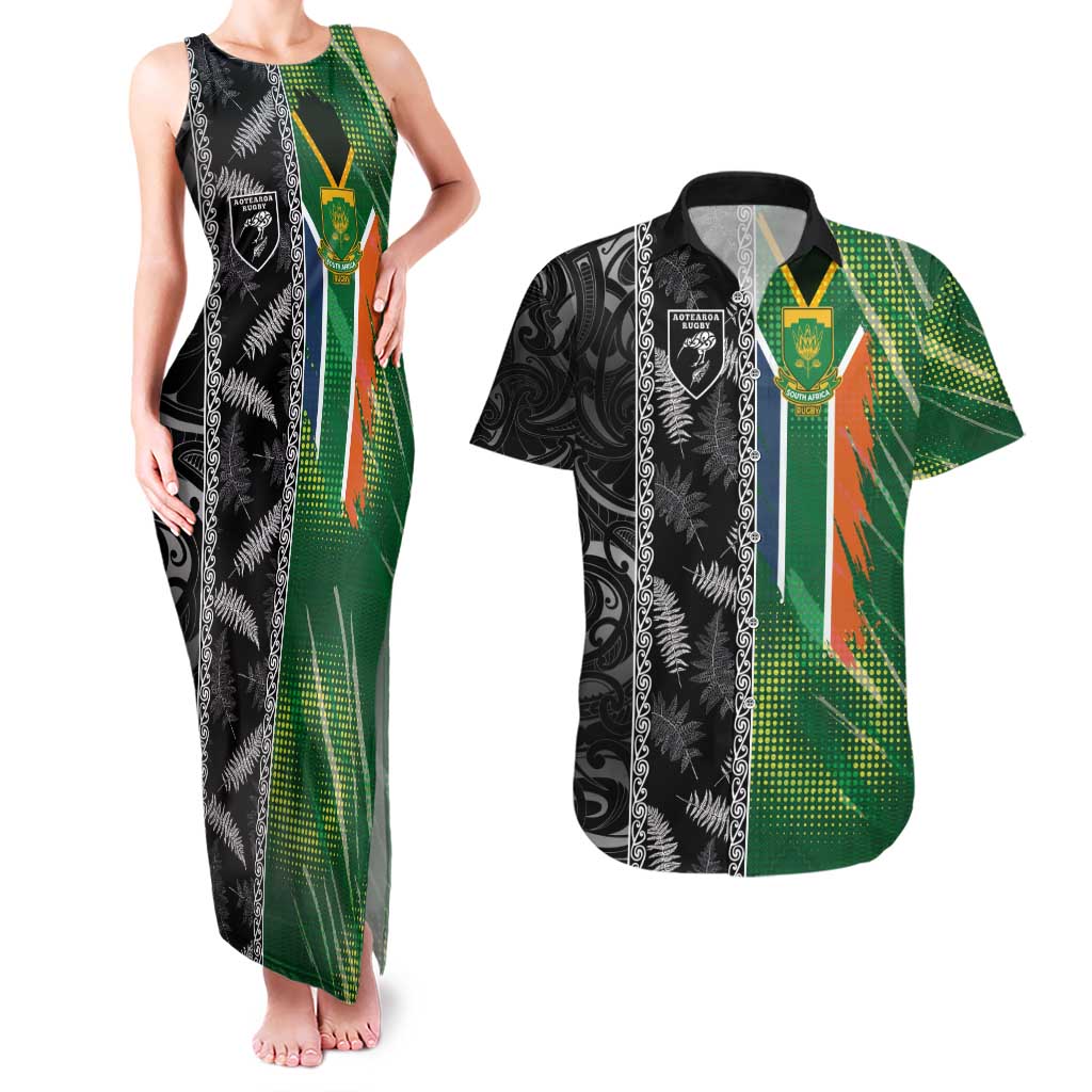 Custom Aotearoa South Africa Rugby Freedom Cup Couples Matching Tank Maxi Dress and Hawaiian Shirt Maori Silver Fern Art and Sporty Flag SA - Polynesian Pride