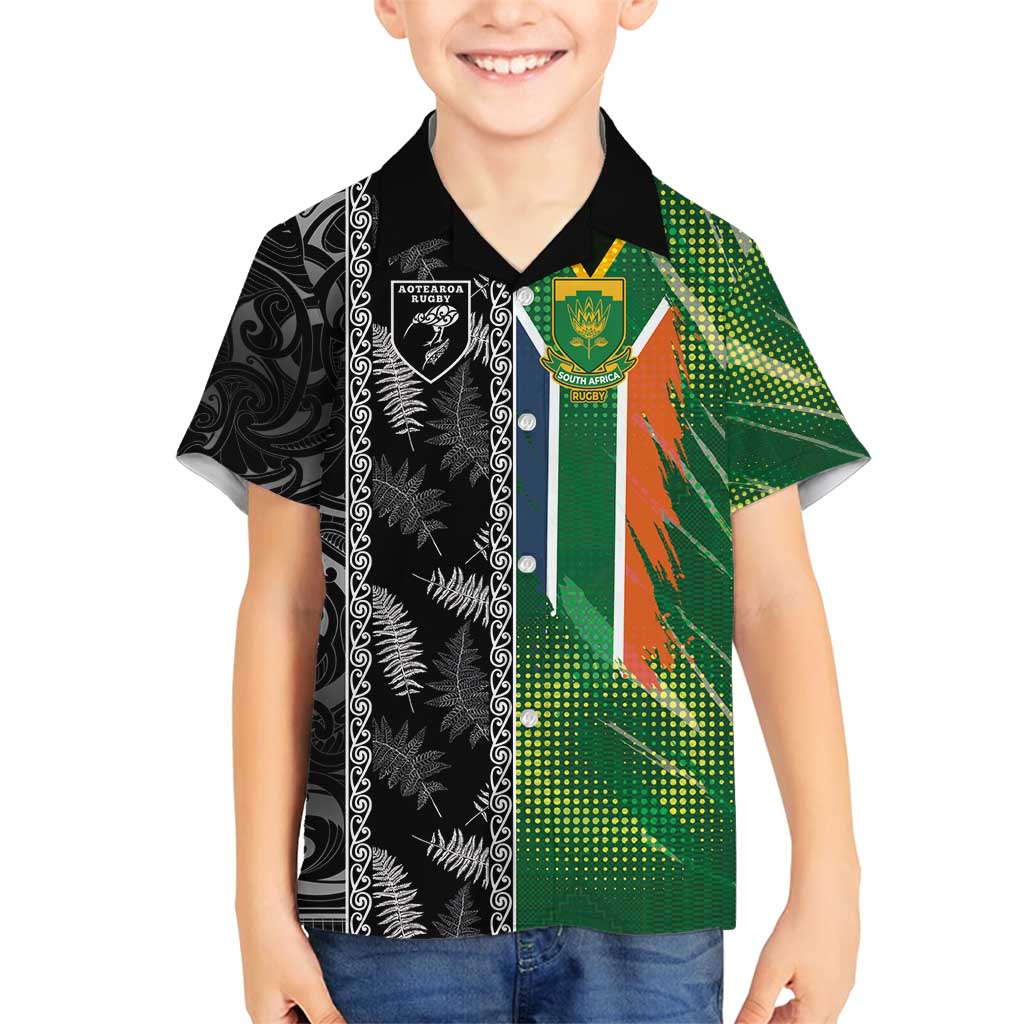 Custom Aotearoa South Africa Rugby Freedom Cup Family Matching Long Sleeve Bodycon Dress and Hawaiian Shirt Maori Silver Fern Art and Sporty Flag SA - Polynesian Pride