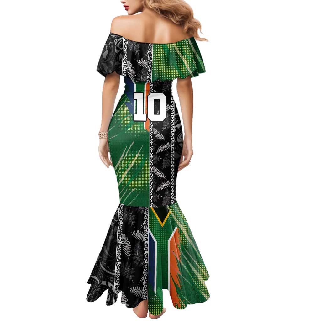 Custom Aotearoa South Africa Rugby Freedom Cup Family Matching Mermaid Dress and Hawaiian Shirt Maori Silver Fern Art and Sporty Flag SA - Polynesian Pride