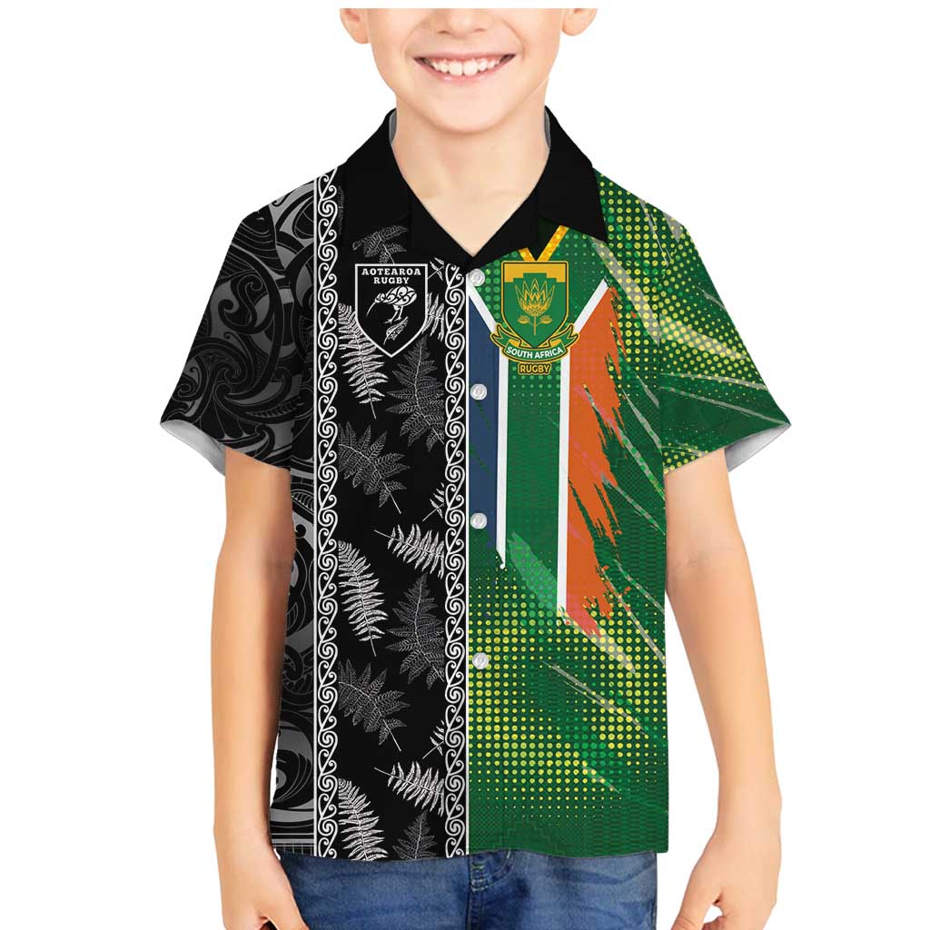 Custom Aotearoa South Africa Rugby Freedom Cup Family Matching Mermaid Dress and Hawaiian Shirt Maori Silver Fern Art and Sporty Flag SA - Polynesian Pride