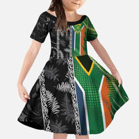 Custom Aotearoa South Africa Rugby Freedom Cup Family Matching Off The Shoulder Long Sleeve Dress and Hawaiian Shirt Maori Silver Fern Art and Sporty Flag SA - Polynesian Pride