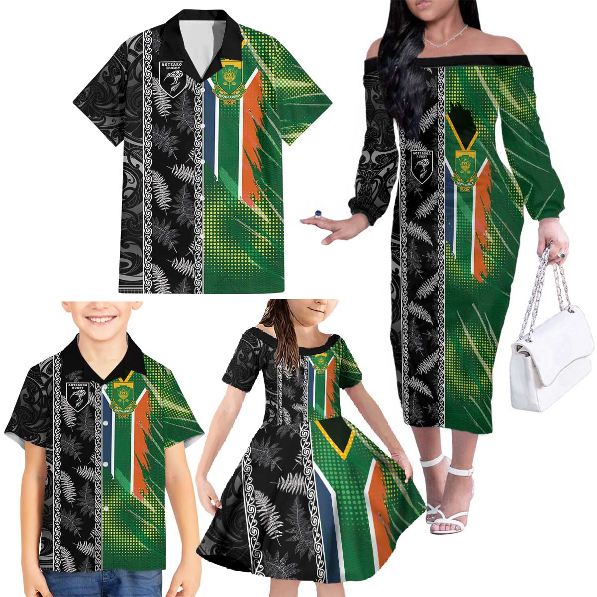 Custom Aotearoa South Africa Rugby Freedom Cup Family Matching Off The Shoulder Long Sleeve Dress and Hawaiian Shirt Maori Silver Fern Art and Sporty Flag SA - Polynesian Pride