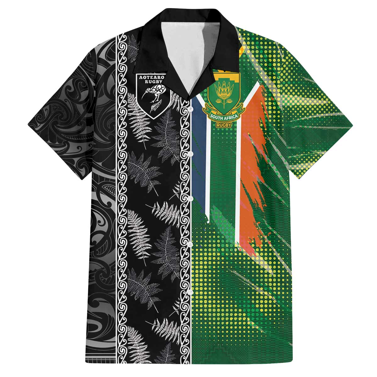 Custom Aotearoa South Africa Rugby Freedom Cup Family Matching Off The Shoulder Long Sleeve Dress and Hawaiian Shirt Maori Silver Fern Art and Sporty Flag SA - Polynesian Pride