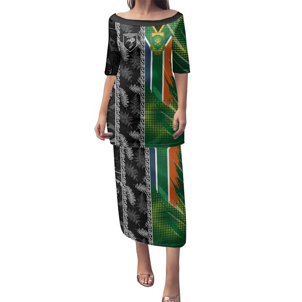 Custom Aotearoa South Africa Rugby Freedom Cup Family Matching Puletasi and Hawaiian Shirt Maori Silver Fern Art and Sporty Flag SA - Polynesian Pride