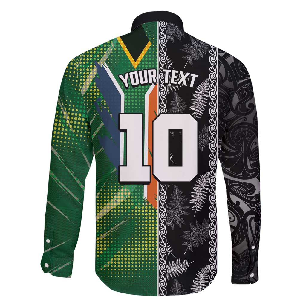 Custom Aotearoa South Africa Rugby Freedom Cup Family Matching Short Sleeve Bodycon Dress and Hawaiian Shirt Maori Silver Fern Art and Sporty Flag SA - Polynesian Pride