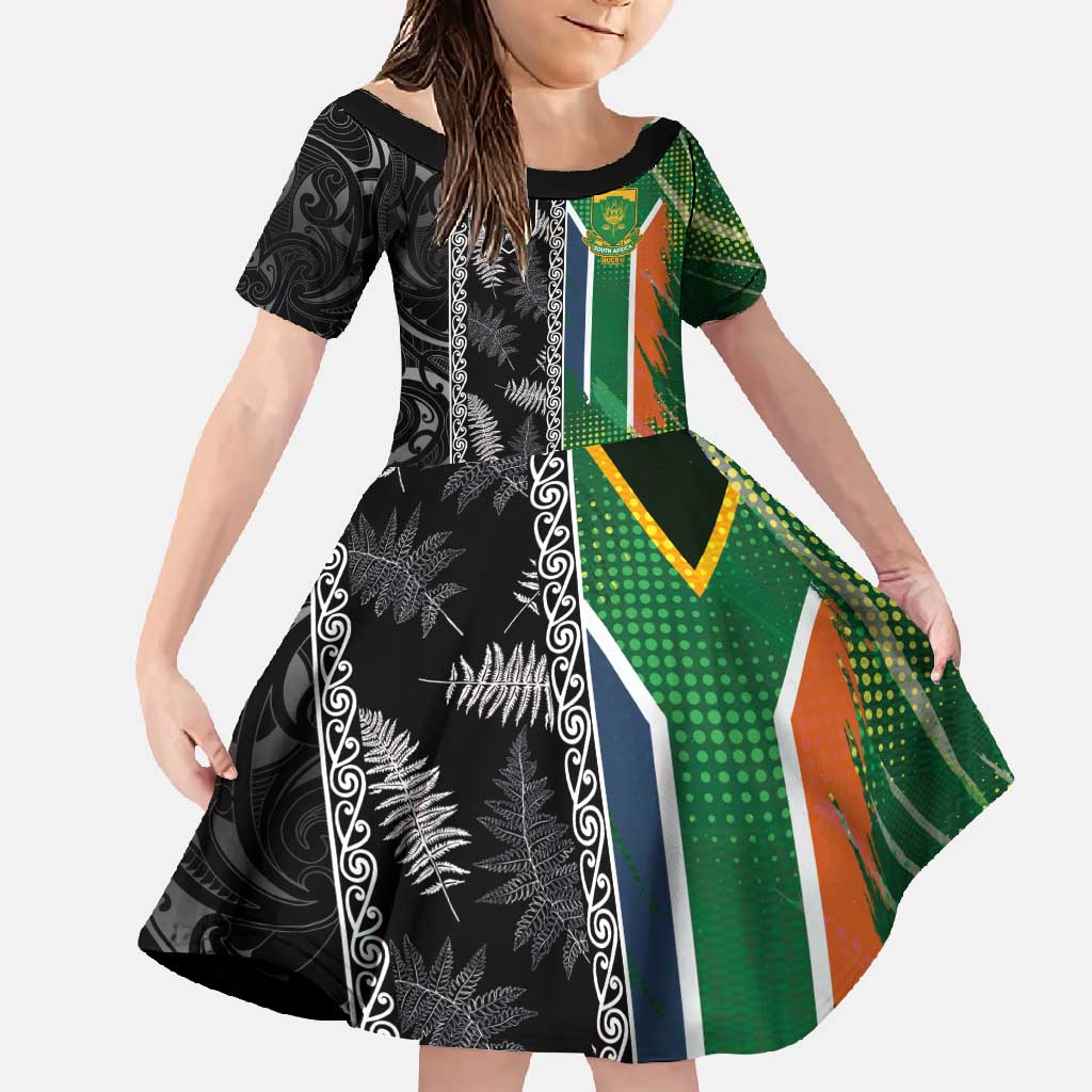 Custom Aotearoa South Africa Rugby Freedom Cup Family Matching Summer Maxi Dress and Hawaiian Shirt Maori Silver Fern Art and Sporty Flag SA - Polynesian Pride
