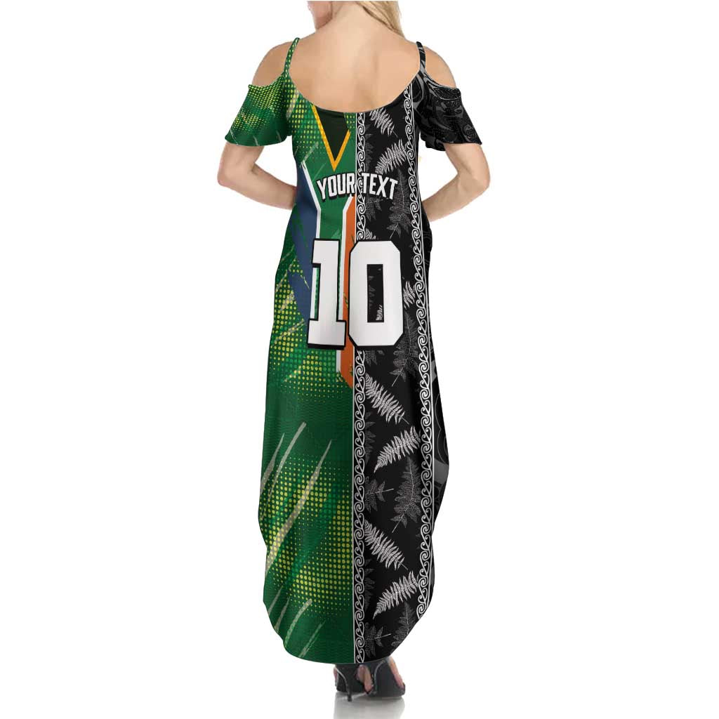 Custom Aotearoa South Africa Rugby Freedom Cup Family Matching Summer Maxi Dress and Hawaiian Shirt Maori Silver Fern Art and Sporty Flag SA - Polynesian Pride