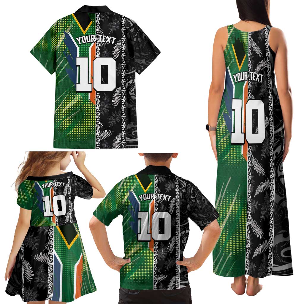 Custom Aotearoa South Africa Rugby Freedom Cup Family Matching Tank Maxi Dress and Hawaiian Shirt Maori Silver Fern Art and Sporty Flag SA - Polynesian Pride