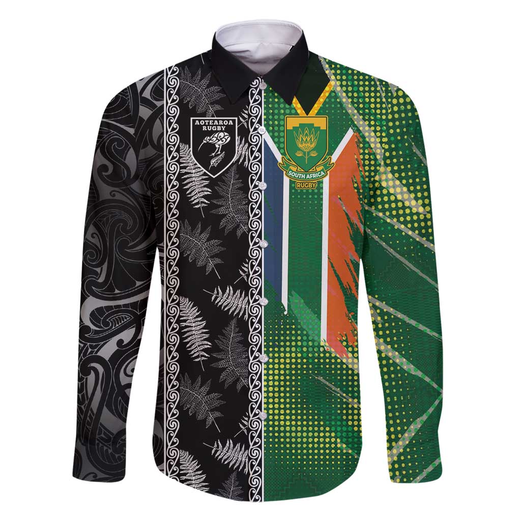 Custom Aotearoa South Africa Rugby Freedom Cup Family Matching Tank Maxi Dress and Hawaiian Shirt Maori Silver Fern Art and Sporty Flag SA - Polynesian Pride
