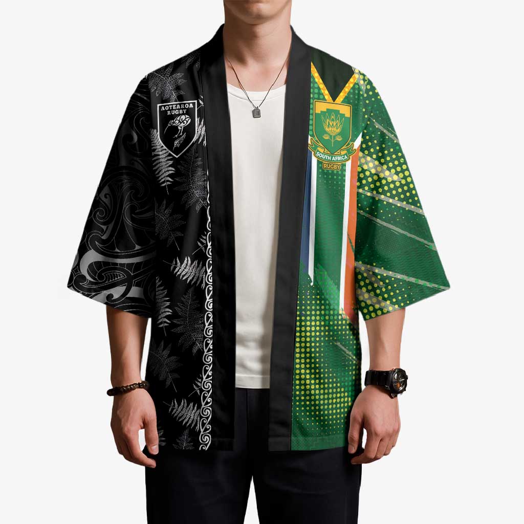 Custom Aotearoa South Africa Rugby Freedom Cup Kimono Maori Silver Fern Art and Sporty Flag SA - Polynesian Pride