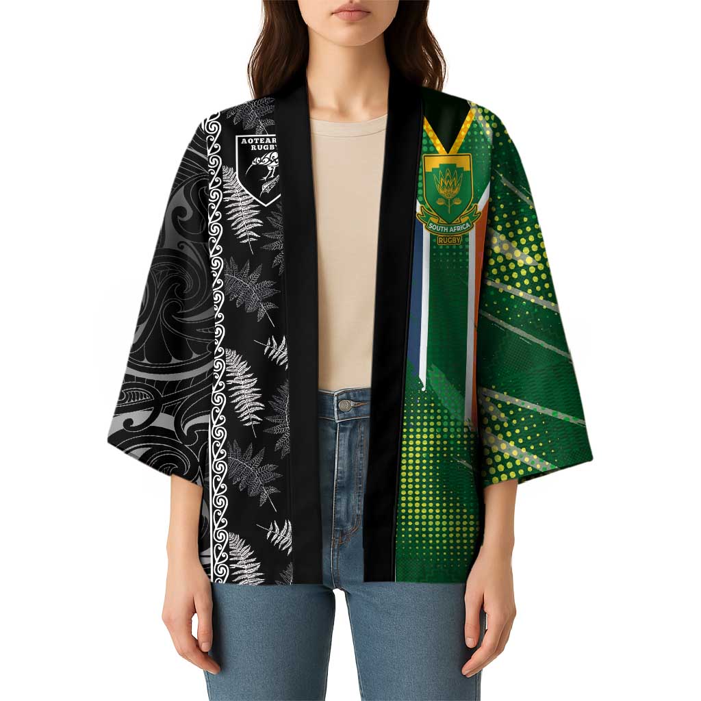 Custom Aotearoa South Africa Rugby Freedom Cup Kimono Maori Silver Fern Art and Sporty Flag SA - Polynesian Pride
