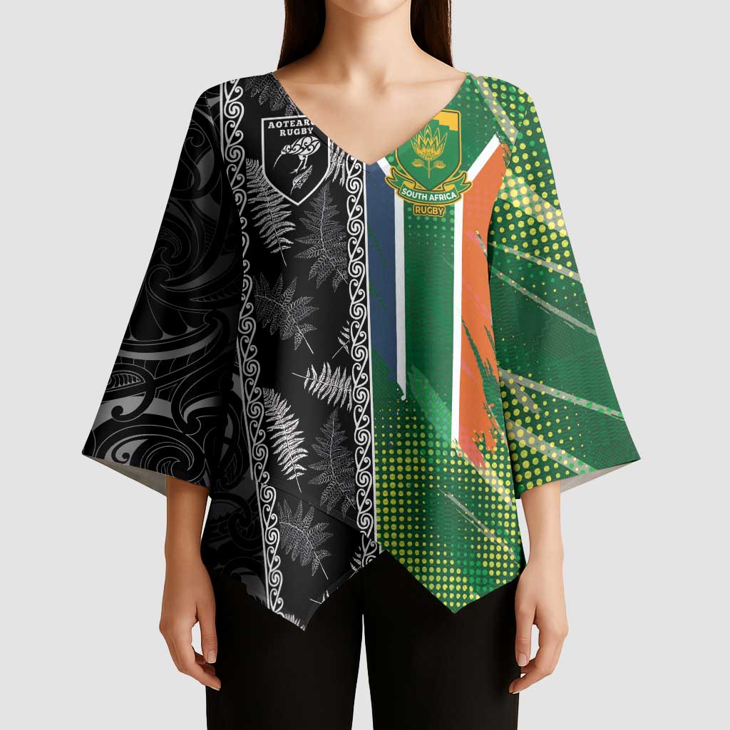 Custom Aotearoa South Africa Rugby Freedom Cup Kimono Sleeve Blouse Maori Silver Fern Art and Sporty Flag SA - Polynesian Pride