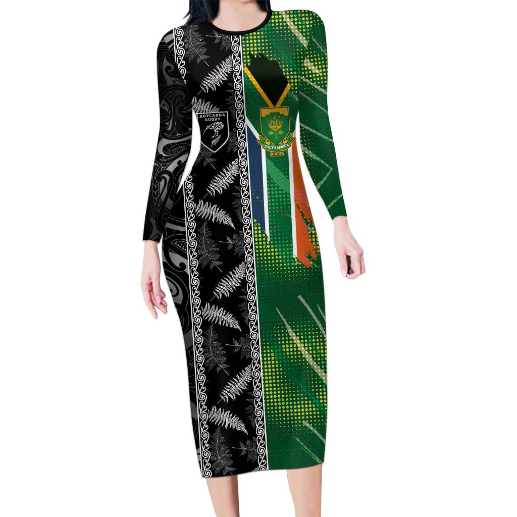 Custom Aotearoa South Africa Rugby Freedom Cup Long Sleeve Bodycon Dress Maori Silver Fern Art and Sporty Flag SA - Polynesian Pride