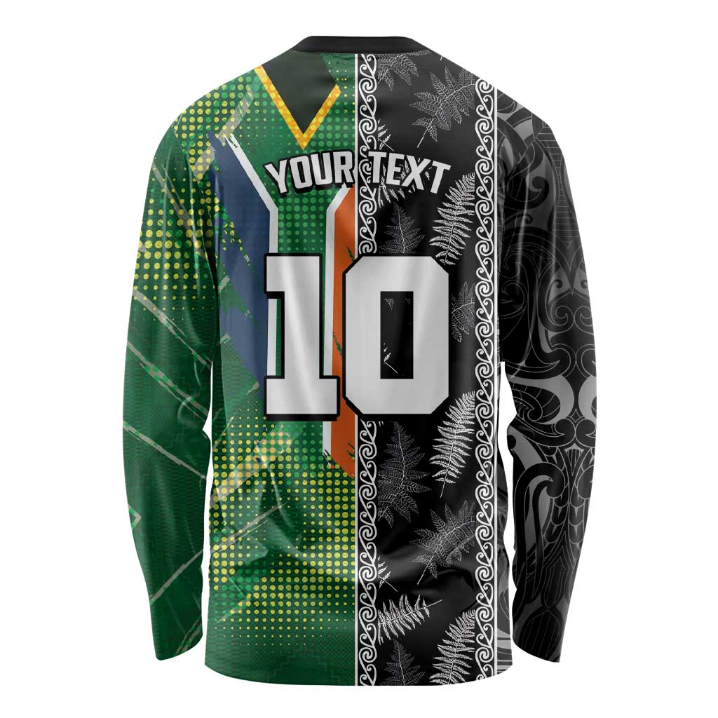 Custom Aotearoa South Africa Rugby Freedom Cup Long Sleeve Shirt Maori Silver Fern Art and Sporty Flag SA - Polynesian Pride