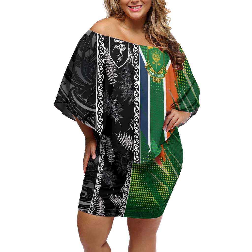 Custom Aotearoa South Africa Rugby Freedom Cup Off Shoulder Short Dress Maori Silver Fern Art and Sporty Flag SA - Polynesian Pride