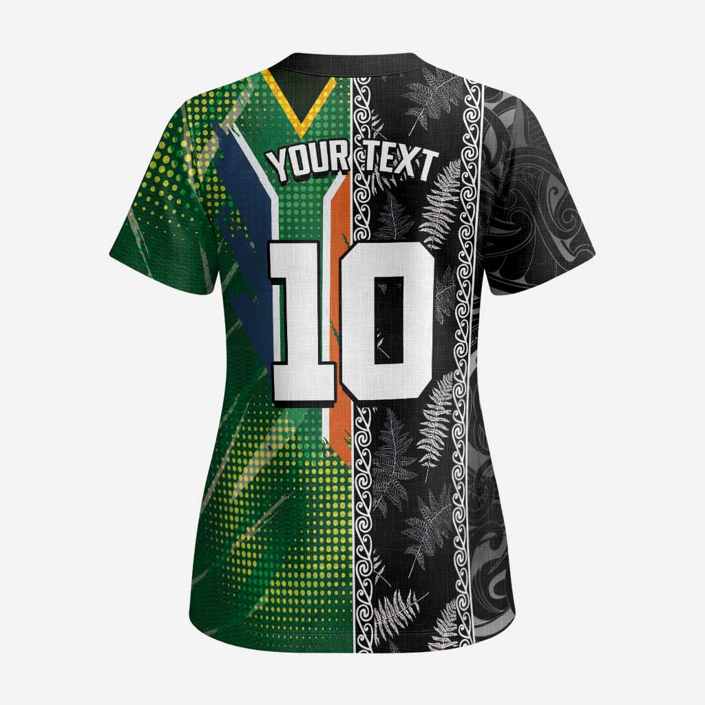 Custom Aotearoa South Africa Rugby Freedom Cup Scrub Top Maori Silver Fern Art and Sporty Flag SA - Polynesian Pride