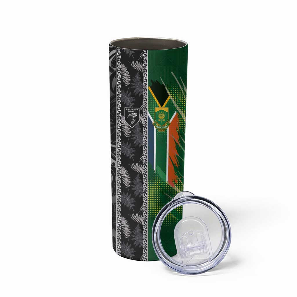 Custom Aotearoa South Africa Rugby Freedom Cup Skinny Tumbler Maori Silver Fern Art and Sporty Flag SA - Polynesian Pride