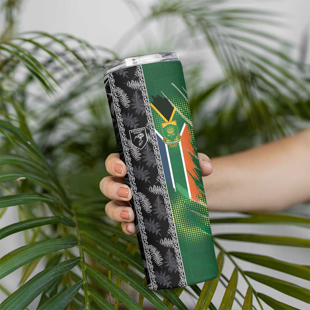 Custom Aotearoa South Africa Rugby Freedom Cup Skinny Tumbler Maori Silver Fern Art and Sporty Flag SA - Polynesian Pride
