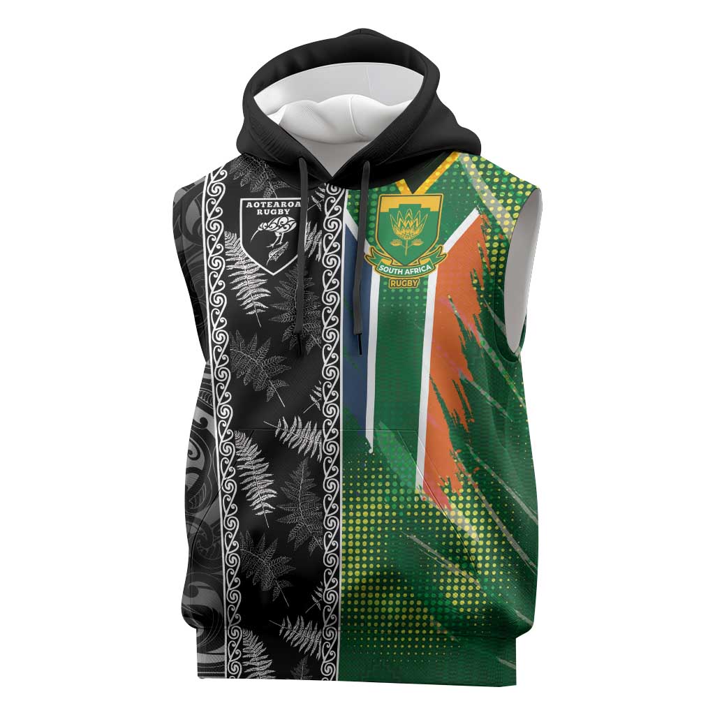 Custom Aotearoa South Africa Rugby Freedom Cup Sleeveless Hoodie Maori Silver Fern Art and Sporty Flag SA - Polynesian Pride