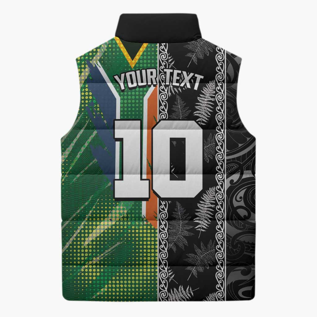 Custom Aotearoa South Africa Rugby Freedom Cup Sleeveless Puffer Jacket Maori Silver Fern Art and Sporty Flag SA - Polynesian Pride