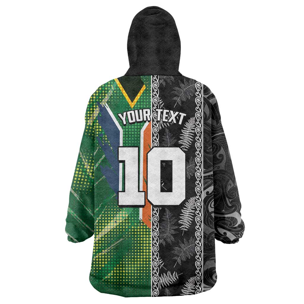 Custom Aotearoa South Africa Rugby Freedom Cup Wearable Blanket Hoodie Maori Silver Fern Art and Sporty Flag SA - Polynesian Pride