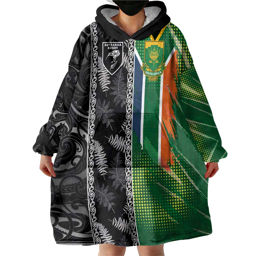 Custom Aotearoa South Africa Rugby Freedom Cup Wearable Blanket Hoodie Maori Silver Fern Art and Sporty Flag SA - Polynesian Pride