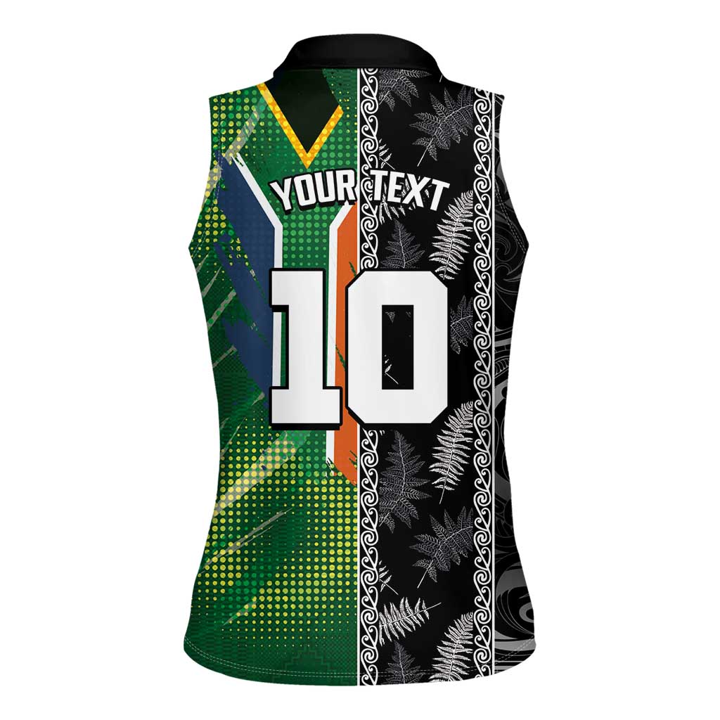 Custom Aotearoa South Africa Rugby Freedom Cup Women Sleeveless Polo Shirt Maori Silver Fern Art and Sporty Flag SA - Polynesian Pride