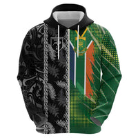 Custom Aotearoa South Africa Rugby Freedom Cup Zip Hoodie Maori Silver Fern Art and Sporty Flag SA LT03 - Polynesian Pride
