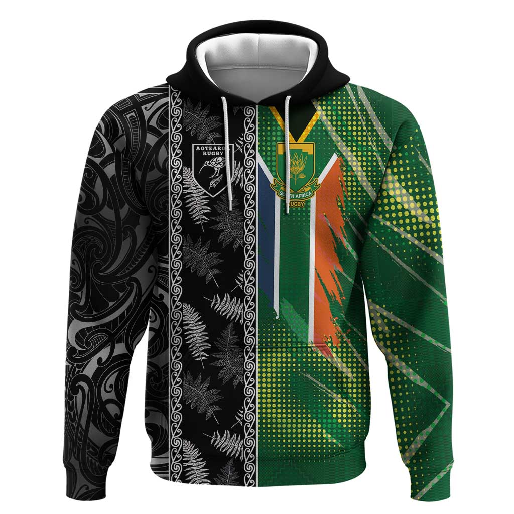 Custom Aotearoa South Africa Rugby Freedom Cup Zip Hoodie Maori Silver Fern Art and Sporty Flag SA LT03 Pullover Hoodie Black - Polynesian Pride