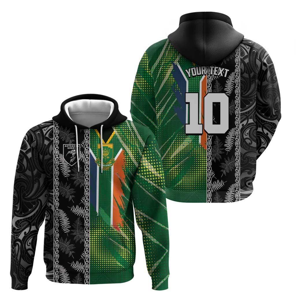 Custom Aotearoa South Africa Rugby Freedom Cup Zip Hoodie Maori Silver Fern Art and Sporty Flag SA LT03 - Polynesian Pride