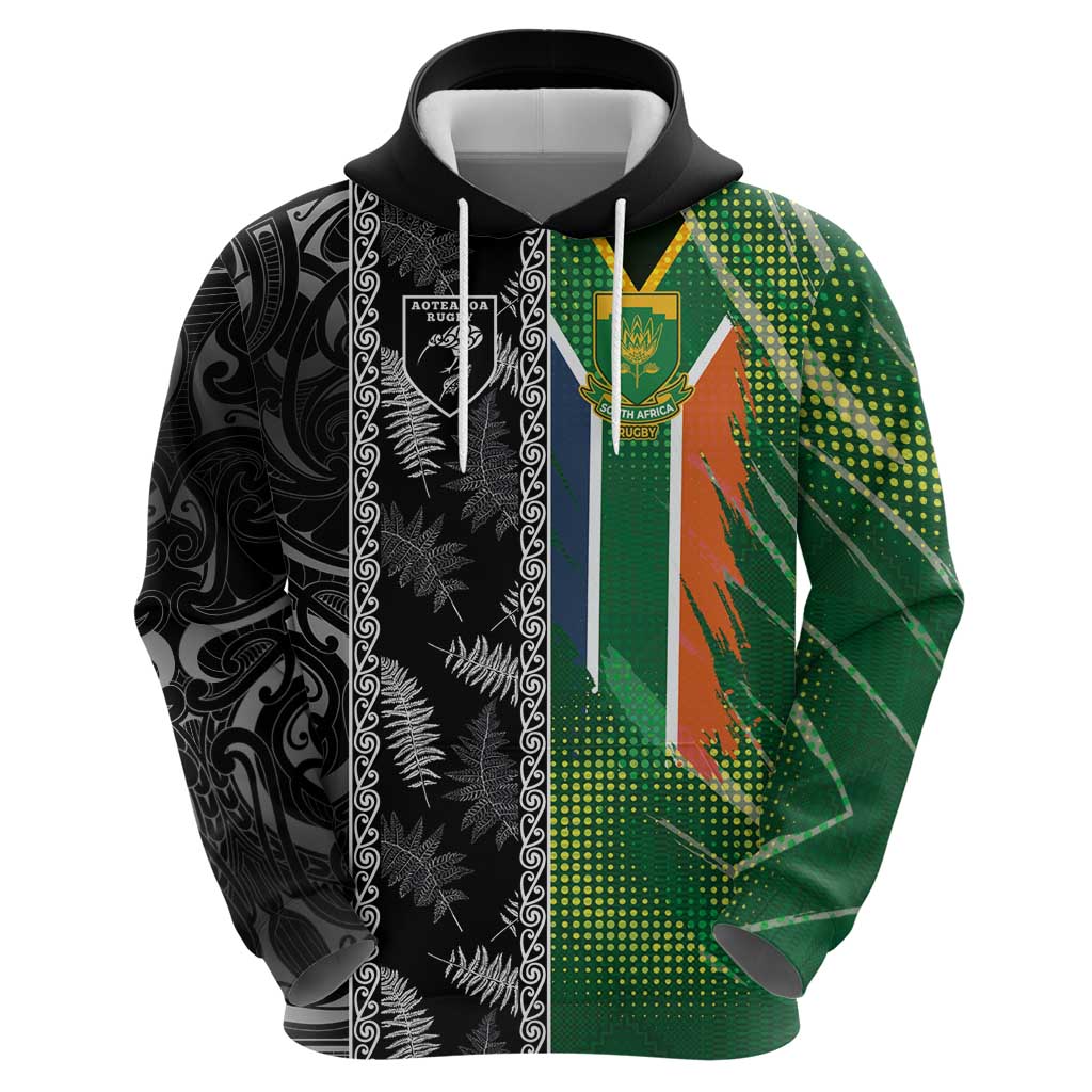 Custom Aotearoa South Africa Rugby Freedom Cup Zip Hoodie Maori Silver Fern Art and Sporty Flag SA LT03 - Polynesian Pride