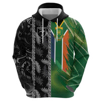 Custom Aotearoa South Africa Rugby Freedom Cup Zip Hoodie Maori Silver Fern Art and Sporty Flag SA LT03 - Polynesian Pride