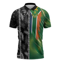 Custom Aotearoa South Africa Rugby Freedom Cup Zipper Polo Shirt Maori Silver Fern Art and Sporty Flag SA - Polynesian Pride