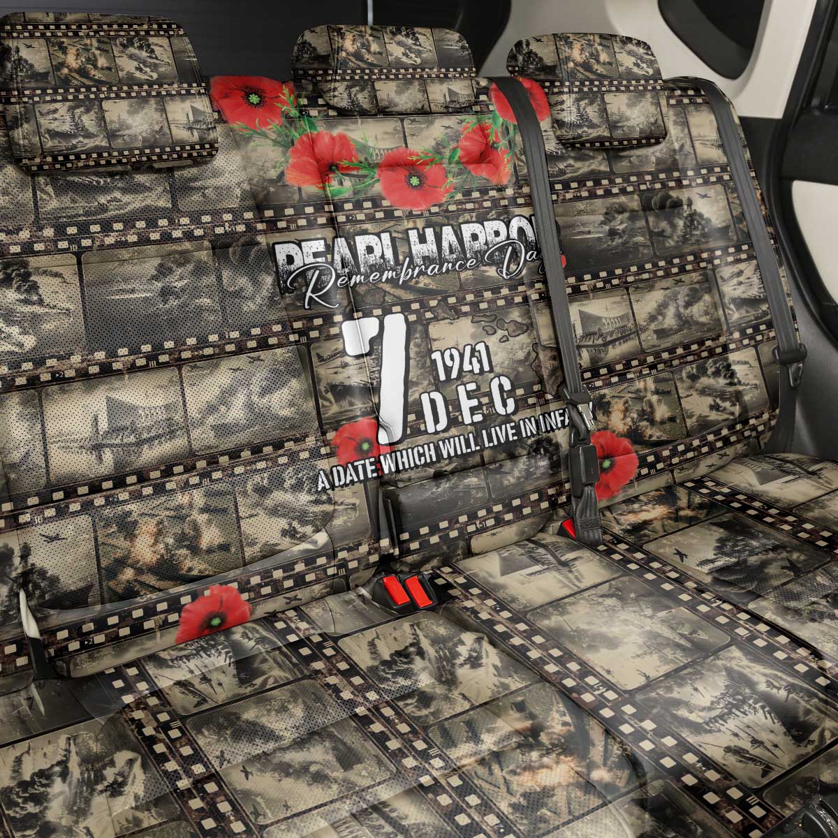 Pearl Harbor Remembrance Day Back Car Seat Cover Memories of December 7 with Red Poppy Lei LT03 - Polynesian Pride