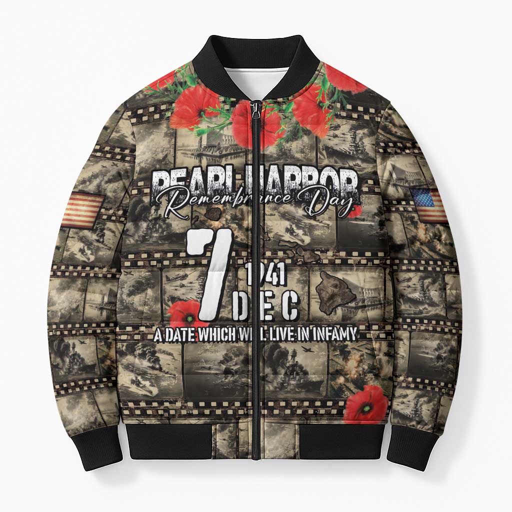 Pearl Harbor Remembrance Day Personalized Bomber Puffer Jacket Memories of December 7 with Red Poppy Lei - Polynesian Pride