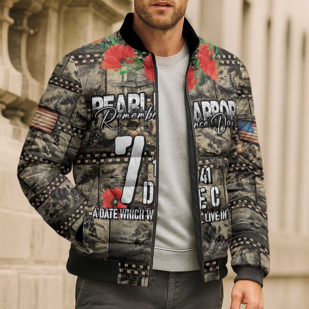 Pearl Harbor Remembrance Day Personalized Bomber Puffer Jacket Memories of December 7 with Red Poppy Lei - Polynesian Pride