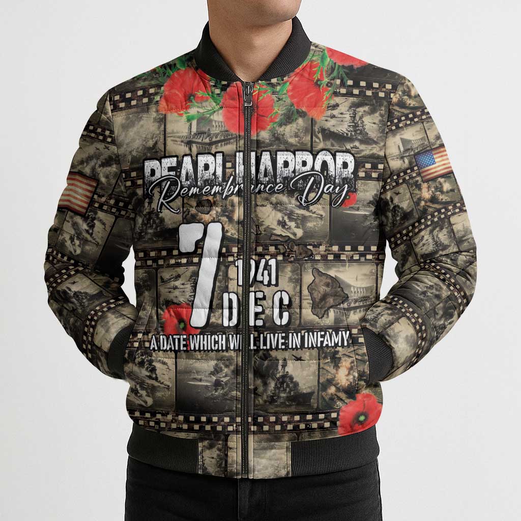 Pearl Harbor Remembrance Day Personalized Bomber Puffer Jacket Memories of December 7 with Red Poppy Lei - Polynesian Pride