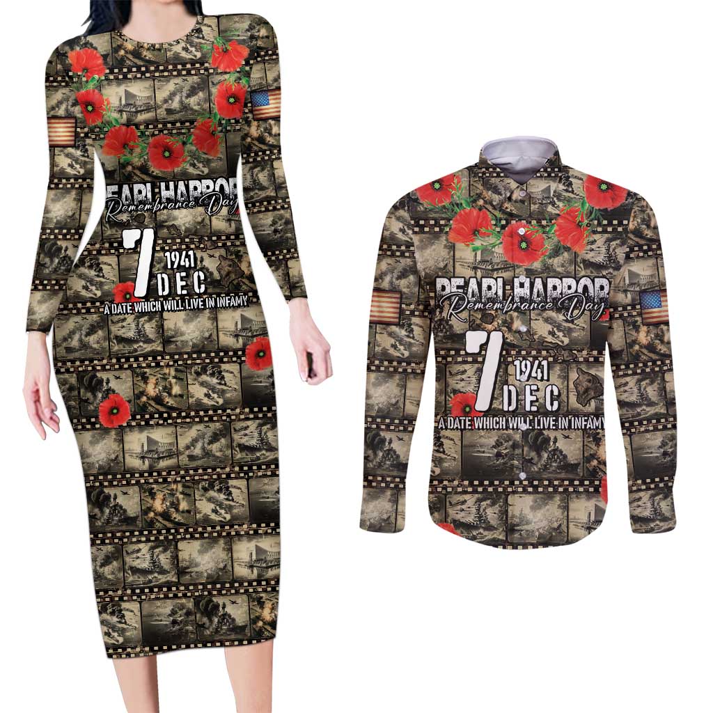 Pearl Harbor Remembrance Day Personalized Couples Matching Long Sleeve Bodycon Dress and Long Sleeve Button Shirt Memories of December 7 with Red Poppy Lei - Polynesian Pride