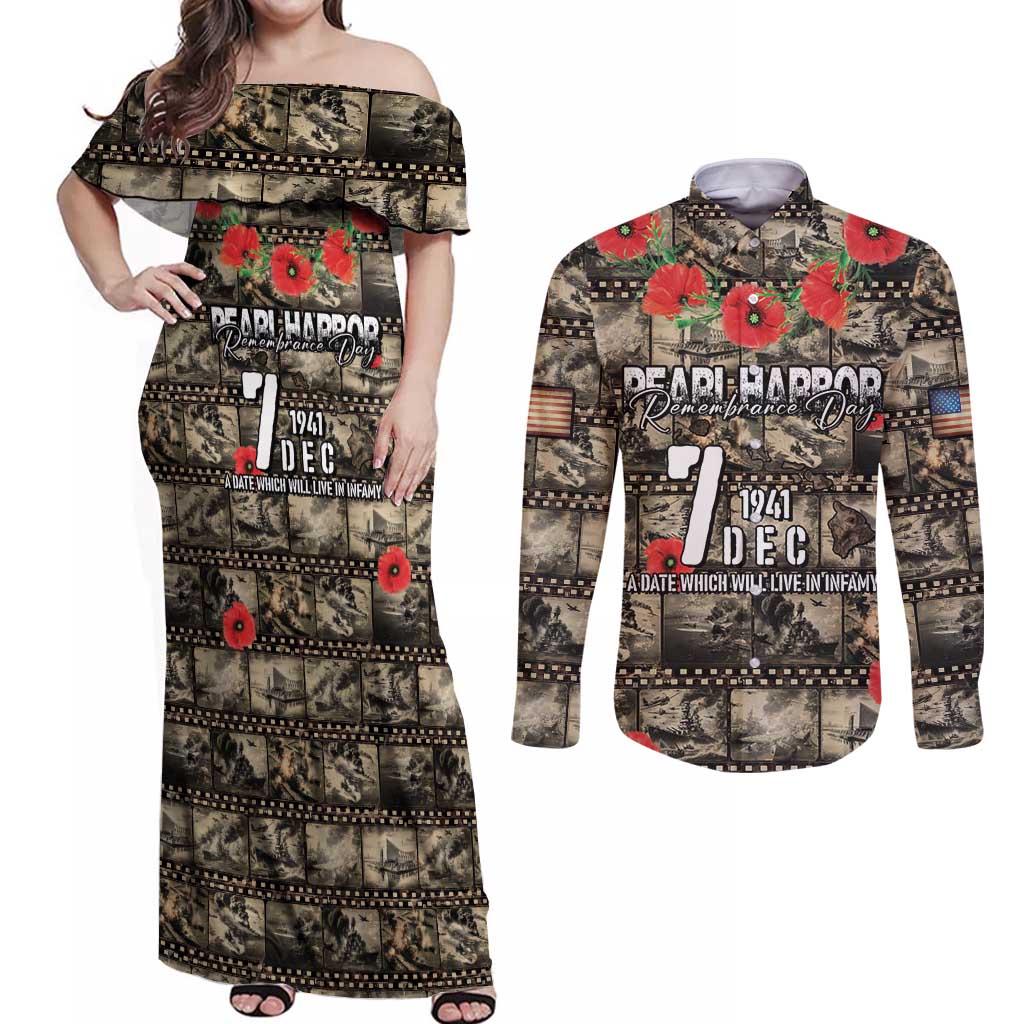 Pearl Harbor Remembrance Day Personalized Couples Matching Off Shoulder Maxi Dress and Long Sleeve Button Shirt Memories of December 7 with Red Poppy Lei - Polynesian Pride