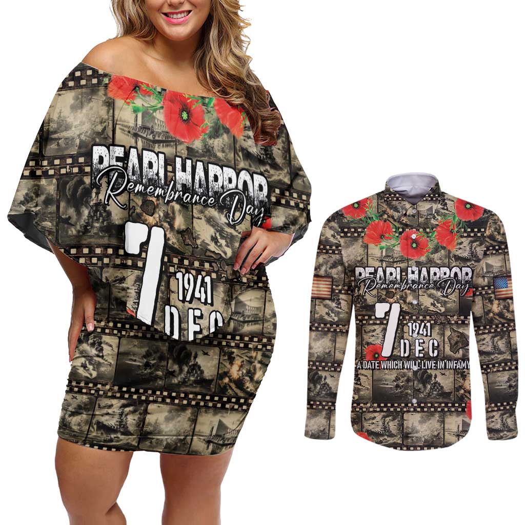 Pearl Harbor Remembrance Day Personalized Couples Matching Off Shoulder Short Dress and Long Sleeve Button Shirt Memories of December 7 with Red Poppy Lei - Polynesian Pride