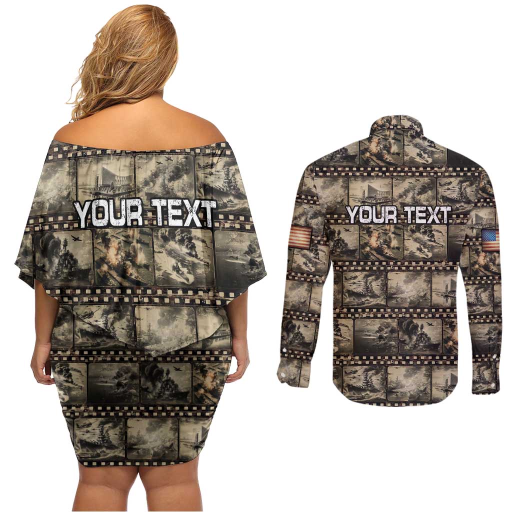 Pearl Harbor Remembrance Day Personalized Couples Matching Off Shoulder Short Dress and Long Sleeve Button Shirt Memories of December 7 with Red Poppy Lei - Polynesian Pride