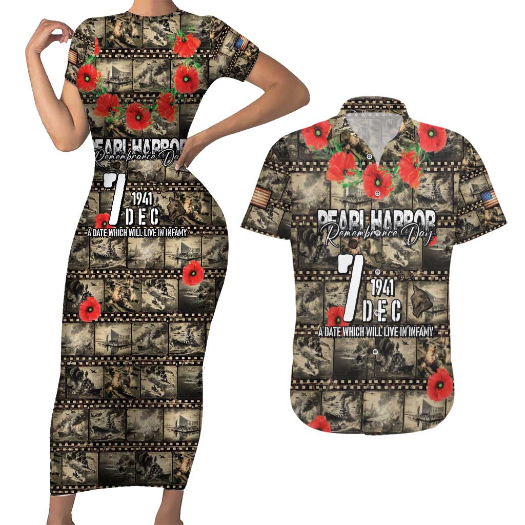 Pearl Harbor Remembrance Day Personalized Couples Matching Short Sleeve Bodycon Dress and Hawaiian Shirt Memories of December 7 with Red Poppy Lei - Polynesian Pride