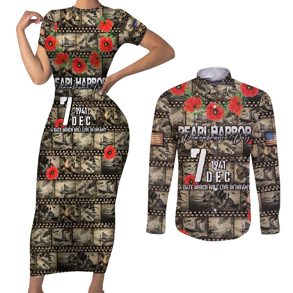 Pearl Harbor Remembrance Day Personalized Couples Matching Short Sleeve Bodycon Dress and Long Sleeve Button Shirt Memories of December 7 with Red Poppy Lei - Polynesian Pride